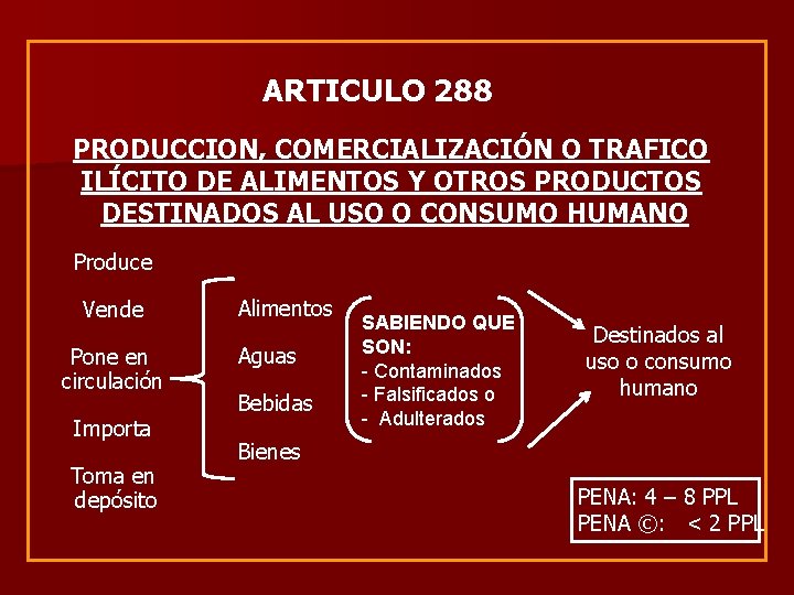 ARTICULO 288 PRODUCCION, COMERCIALIZACIÓN O TRAFICO ILÍCITO DE ALIMENTOS Y OTROS PRODUCTOS DESTINADOS AL