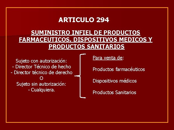 ARTICULO 294 SUMINISTRO INFIEL DE PRODUCTOS FARMACEUTICOS, DISPOSITIVOS MEDICOS Y PRODUCTOS SANITARIOS Sujeto con