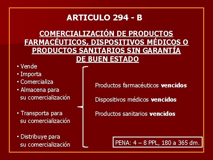 ARTICULO 294 - B • • COMERCIALIZACIÓN DE PRODUCTOS FARMACÉUTICOS, DISPOSITIVOS MÉDICOS O PRODUCTOS