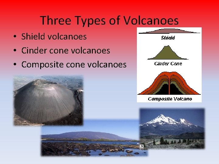 Three Types of Volcanoes • Shield volcanoes • Cinder cone volcanoes • Composite cone