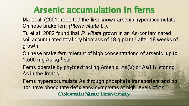 Arsenic accumulation in ferns Ma et al. (2001) reported the first known arsenic hyperaccumulator