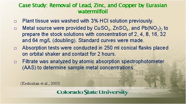 Case Study: Removal of Lead, Zinc, and Copper by Eurasian watermilfoil Plant tissue washed