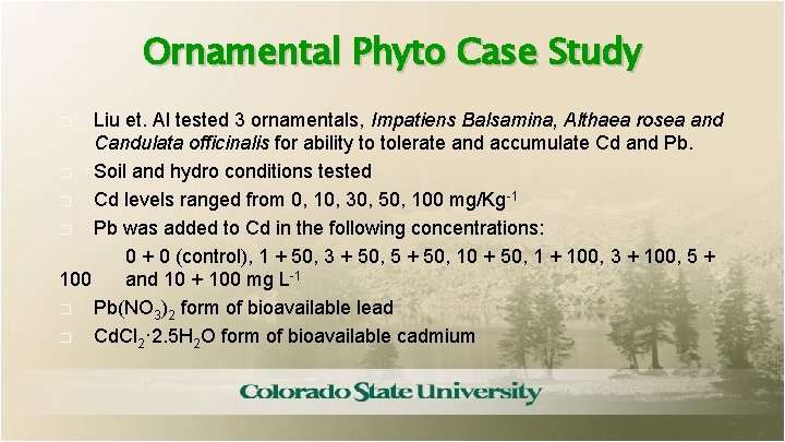 Ornamental Phyto Case Study Liu et. Al tested 3 ornamentals, Impatiens Balsamina, Althaea rosea