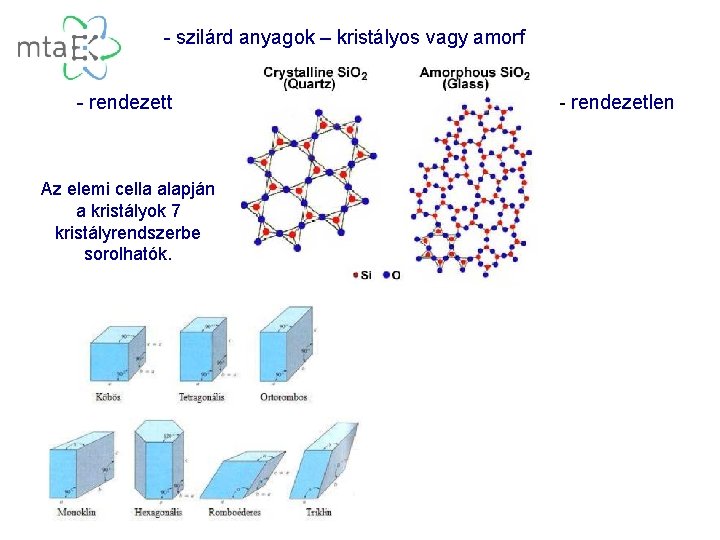- szilárd anyagok – kristályos vagy amorf - rendezett Az elemi cella alapján a