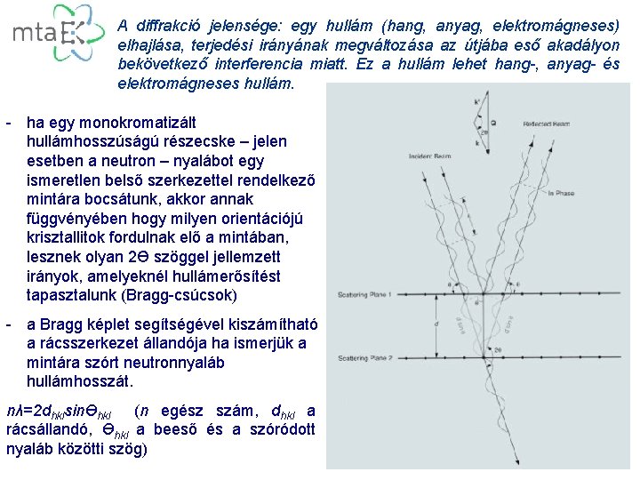 A diffrakció jelensége: egy hullám (hang, anyag, elektromágneses) elhajlása, terjedési irányának megváltozása az útjába