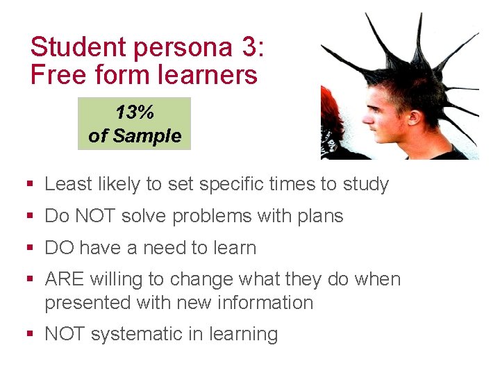 Student persona 3: Free form learners 13% of Sample § Least likely to set