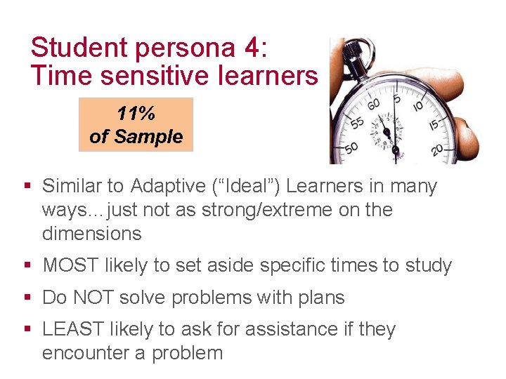 Student persona 4: Time sensitive learners 11% of Sample § Similar to Adaptive (“Ideal”)