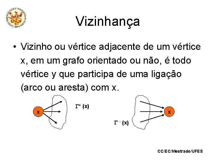 Vizinhança • Vizinho ou vértice adjacente de um vértice x, em um grafo orientado