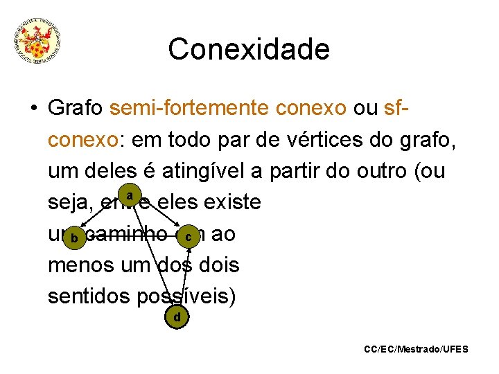 Conexidade • Grafo semi-fortemente conexo ou sfconexo: em todo par de vértices do grafo,