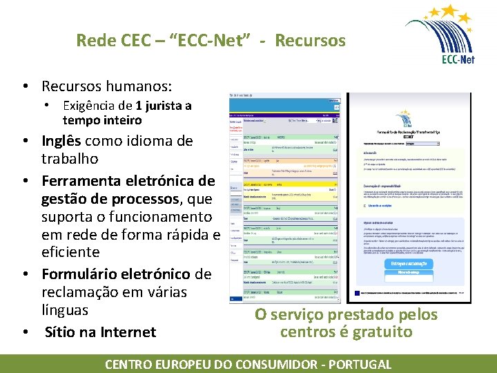 Rede CEC – “ECC-Net” - Recursos • Recursos humanos: • Exigência de 1 jurista