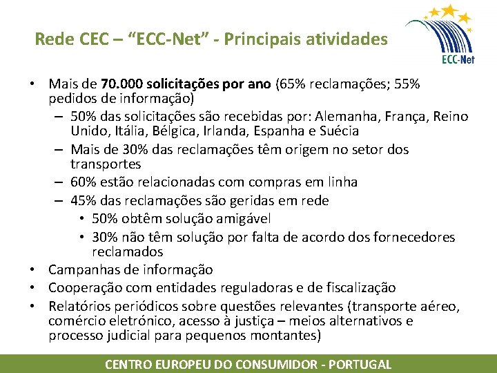 Rede CEC – “ECC-Net” - Principais atividades • Mais de 70. 000 solicitações por