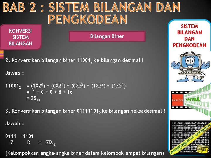 BAB 2 : SISTEM BILANGAN DAN PENGKODEAN SISTEM KONVERSI SISTEM BILANGAN Bilangan Biner 2.