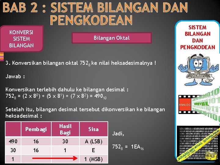 BAB 2 : SISTEM BILANGAN DAN PENGKODEAN SISTEM KONVERSI SISTEM BILANGAN Bilangan Oktal 3.