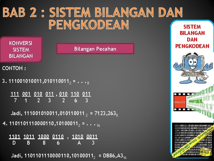 BAB 2 : SISTEM BILANGAN DAN SISTEM PENGKODEAN BILANGAN KONVERSI SISTEM BILANGAN Bilangan Pecahan