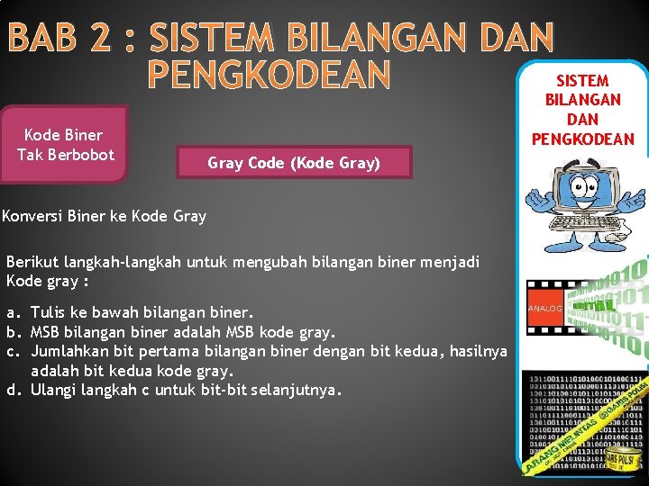 BAB 2 : SISTEM BILANGAN DAN SISTEM PENGKODEAN BILANGAN Kode Biner Tak Berbobot DAN