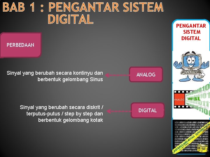 BAB 1 : PENGANTAR SISTEM DIGITAL PERBEDAAN Sinyal yang berubah secara kontinyu dan berbentuk