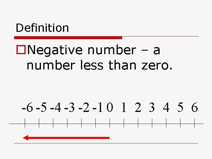 Definition o. Negative number – a number less than zero. -6 -5 -4 -3