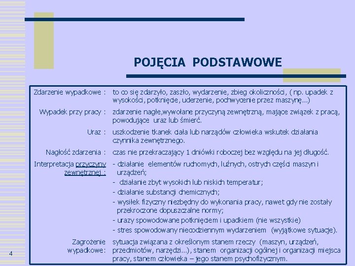 POJĘCIA PODSTAWOWE Zdarzenie wypadkowe : Wypadek przy pracy : Uraz : Nagłość zdarzenia :