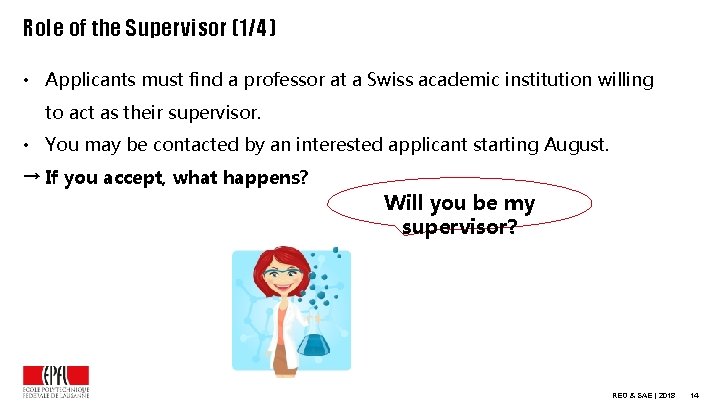 Role of the Supervisor (1/4) • Applicants must find a professor at a Swiss