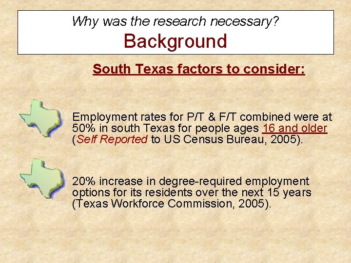 Why was the research necessary? Background South Texas factors to consider: • Employment rates