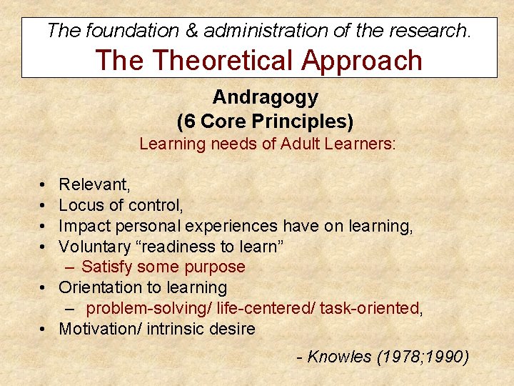 The foundation & administration of the research. Theoretical Approach Andragogy (6 Core Principles) Learning