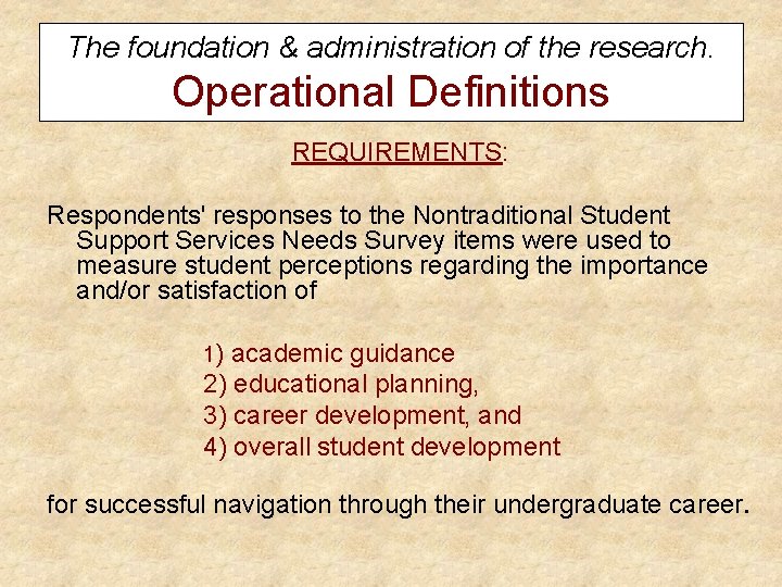 The foundation & administration of the research. Operational Definitions REQUIREMENTS: Respondents' responses to the