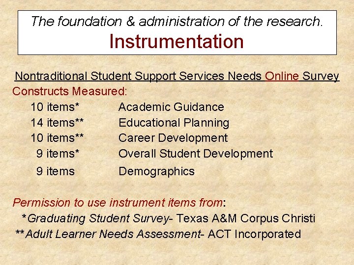 The foundation & administration of the research. Instrumentation Nontraditional Student Support Services Needs Online
