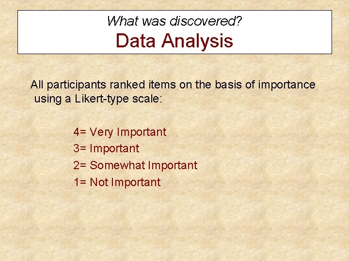What was discovered? Data Analysis All participants ranked items on the basis of importance
