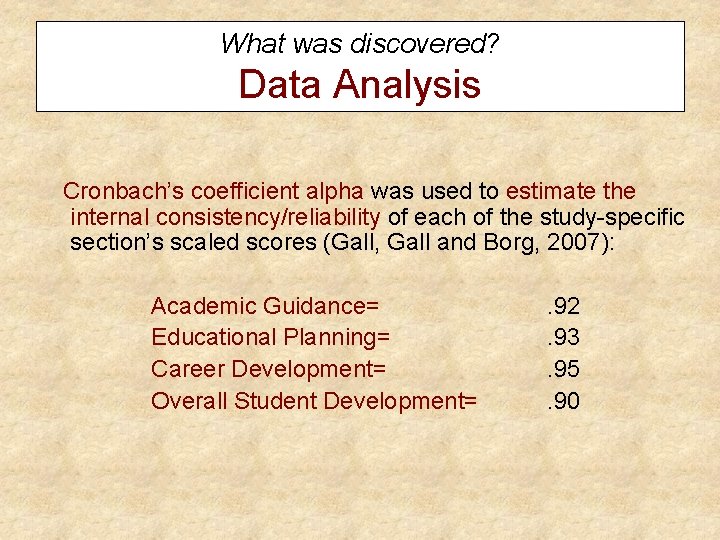 What was discovered? Data Analysis Cronbach’s coefficient alpha was used to estimate the internal