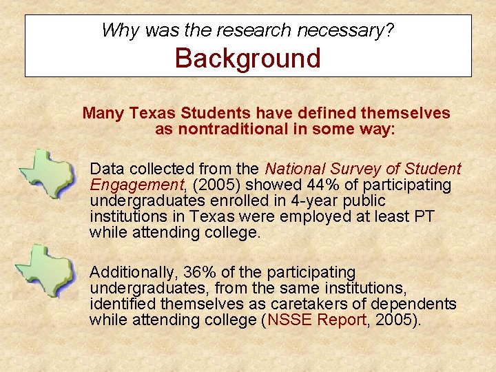 Why was the research necessary? Background Many Texas Students have defined themselves as nontraditional