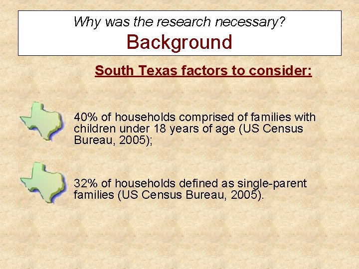 Why was the research necessary? Background South Texas factors to consider: • 40% of