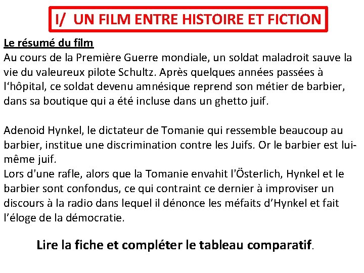 I/ UN FILM ENTRE HISTOIRE ET FICTION Le résumé du film Au cours de