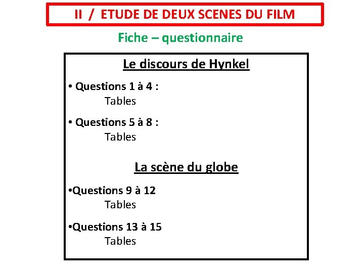 II / ETUDE DE DEUX SCENES DU FILM Fiche – questionnaire Le discours de