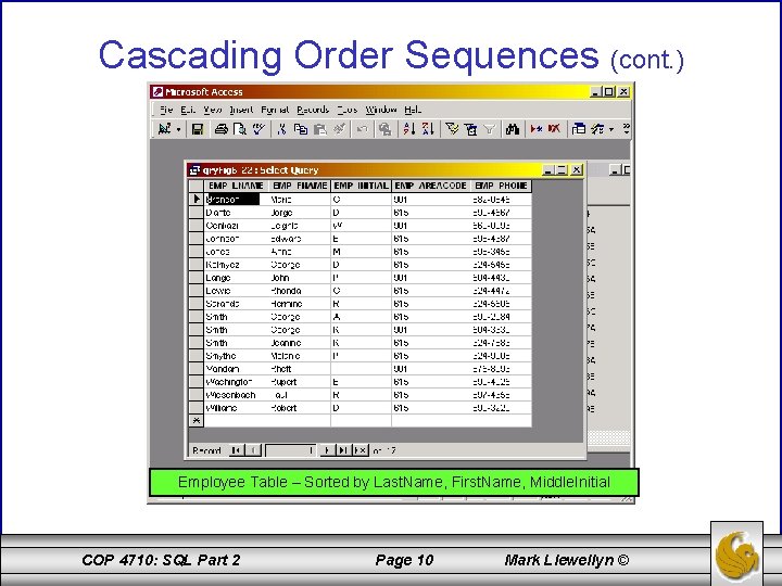 Cascading Order Sequences (cont. ) Employee Table – Sorted by Last. Name, First. Name,