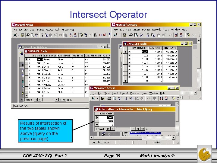 Intersect Operator Results of intersection of the two tables shown above (query on the