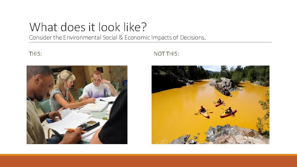 What does it look like? Consider the Environmental Social & Economic Impacts of Decisions.
