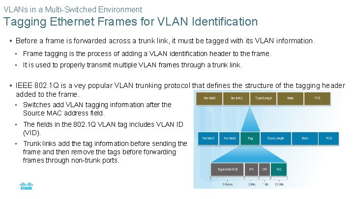 VLANs in a Multi-Switched Environment Tagging Ethernet Frames for VLAN Identification § Before a VLANs in a Multi-Switched Environment Tagging Ethernet Frames for VLAN Identification § Before a