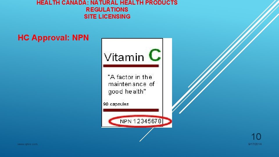 HEALTH CANADA: NATURAL HEALTH PRODUCTS REGULATIONS SITE LICENSING HC Approval: NPN 10 www. qmrs. HEALTH CANADA: NATURAL HEALTH PRODUCTS REGULATIONS SITE LICENSING HC Approval: NPN 10 www. qmrs.