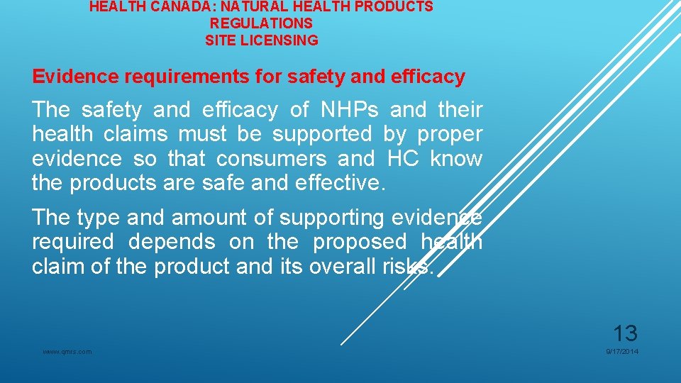 HEALTH CANADA: NATURAL HEALTH PRODUCTS REGULATIONS SITE LICENSING Evidence requirements for safety and efficacy HEALTH CANADA: NATURAL HEALTH PRODUCTS REGULATIONS SITE LICENSING Evidence requirements for safety and efficacy