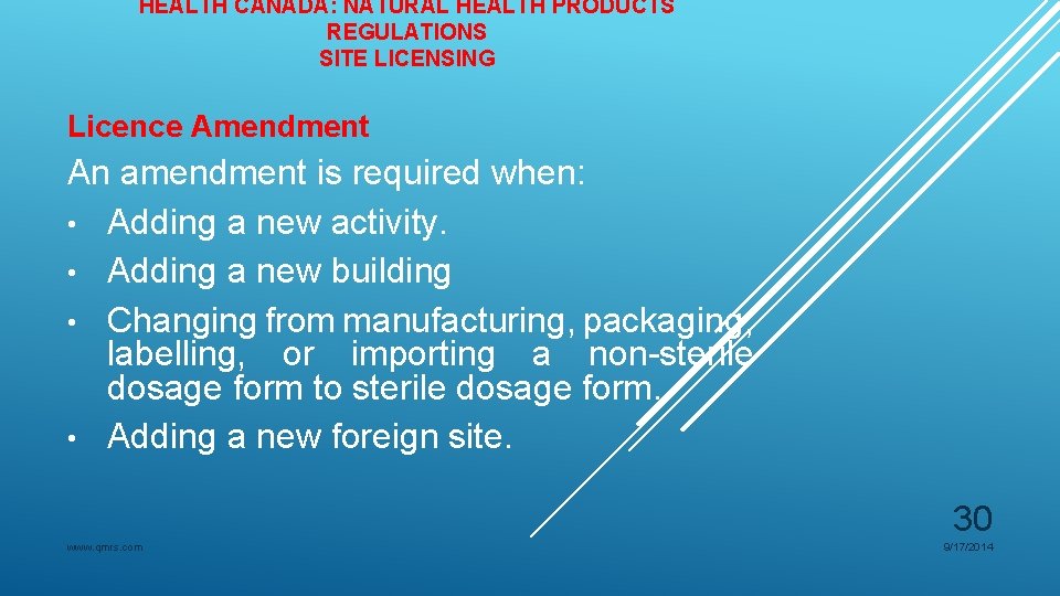 HEALTH CANADA: NATURAL HEALTH PRODUCTS REGULATIONS SITE LICENSING Licence Amendment An amendment is required HEALTH CANADA: NATURAL HEALTH PRODUCTS REGULATIONS SITE LICENSING Licence Amendment An amendment is required
