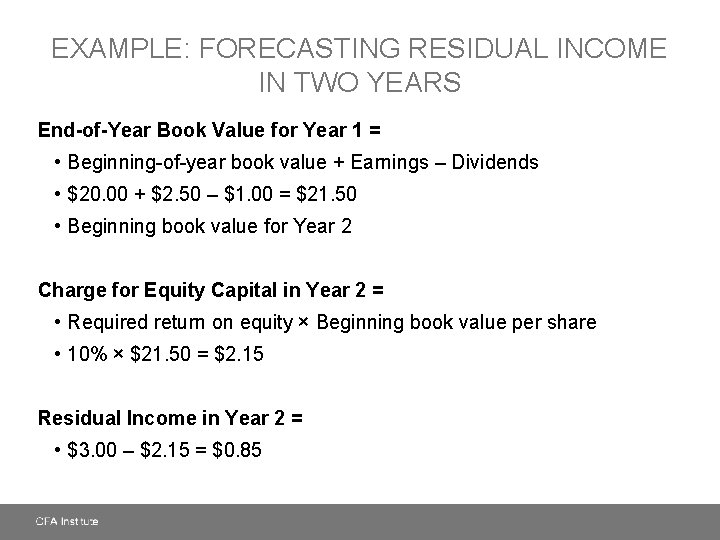 EXAMPLE: FORECASTING RESIDUAL INCOME IN TWO YEARS End-of-Year Book Value for Year 1 =