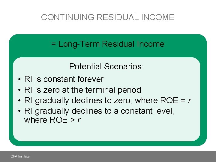 CONTINUING RESIDUAL INCOME = Long-Term Residual Income Potential Scenarios: • • RI is constant