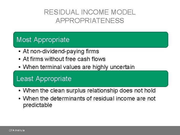 RESIDUAL INCOME MODEL APPROPRIATENESS Most Appropriate • At non-dividend-paying firms • At firms without