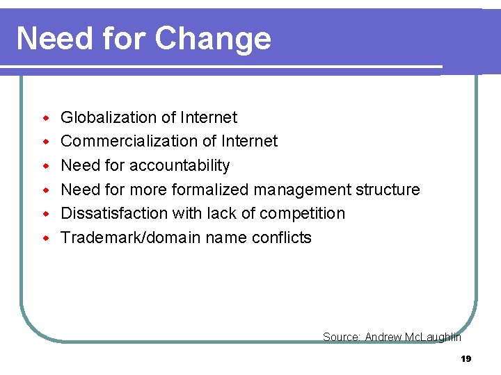 Need for Change w w w Globalization of Internet Commercialization of Internet Need for