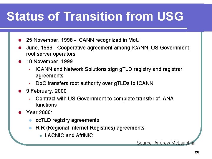 Status of Transition from USG l l l 25 November, 1998 - ICANN recognized