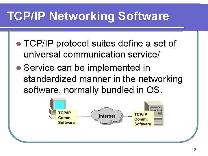 TCP/IP Networking Software l TCP/IP protocol suites define a set of universal communication service/