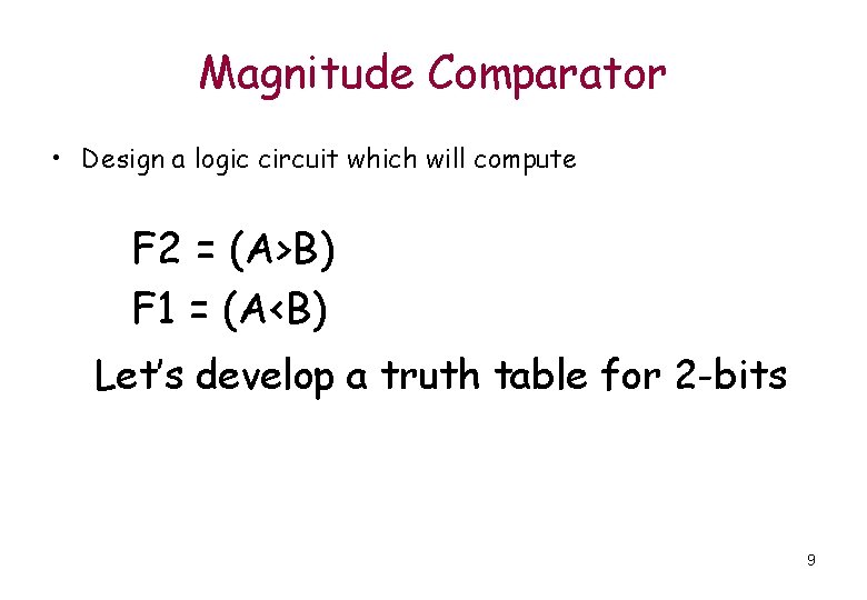 Magnitude Comparator • Design a logic circuit which will compute F 2 = (A>B) Magnitude Comparator • Design a logic circuit which will compute F 2 = (A>B)