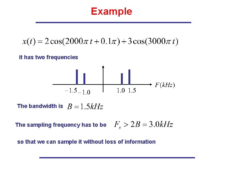 Example it has two frequencies The bandwidth is The sampling frequency has to be