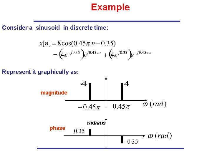 Example Consider a sinusoid in discrete time: Represent it graphically as: magnitude phase radians