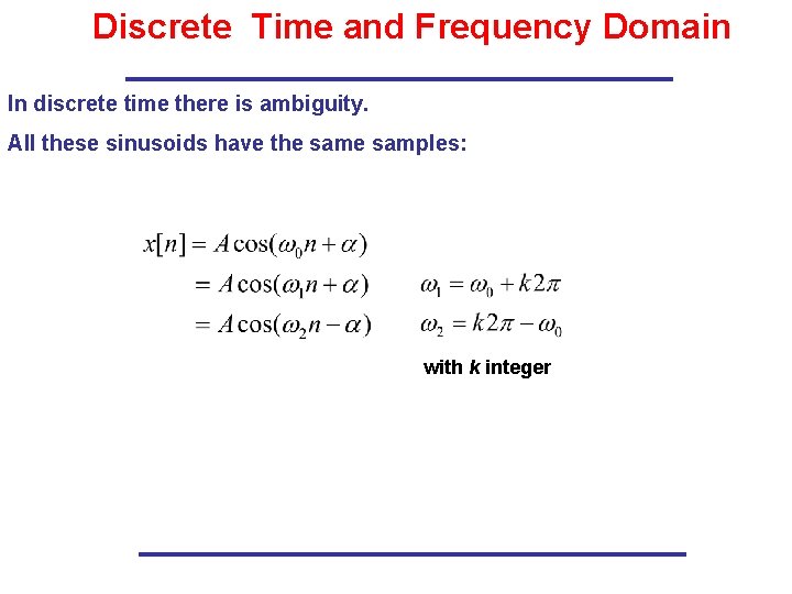 Discrete Time and Frequency Domain In discrete time there is ambiguity. All these sinusoids